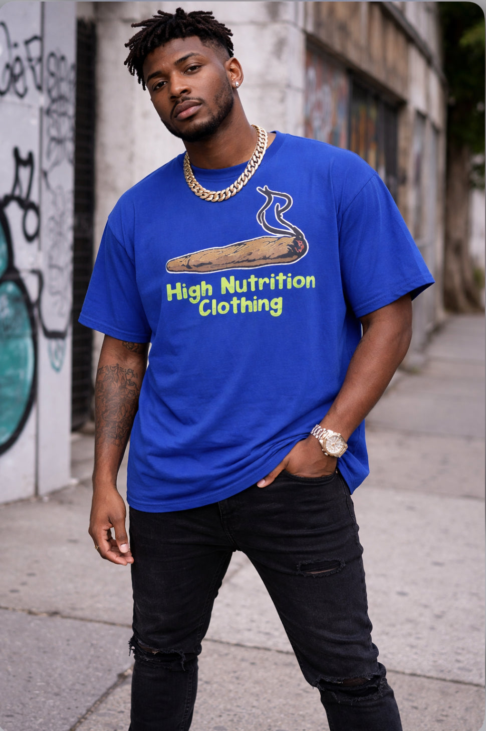 High Nutrition Nip Blue lime green writing with embroidered logo t-shirt