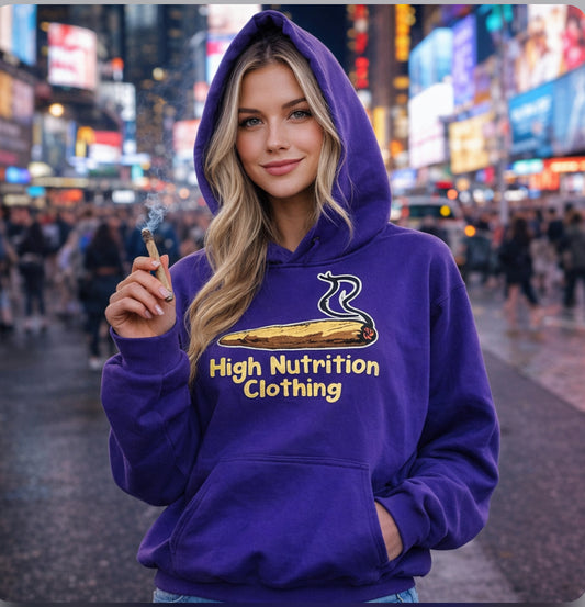 High Nutrition Purple hoodie gold writing and embroidered logo